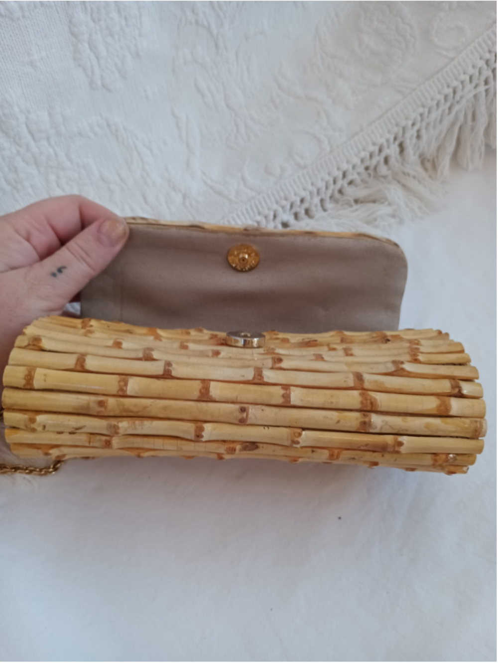 Ann Taylor Classic Bamboo Minaudière Clutch vintage 90s fun kitsch natural wood - Picture 6 of 11